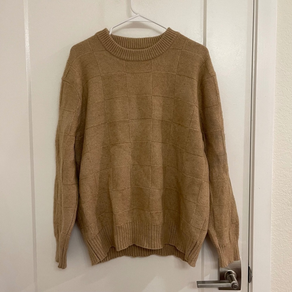 Madewell Wool Blend Brown Checkered Crewneck Sweater Preppy Chic Fall